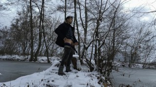 Romantic frozen lake jerking off