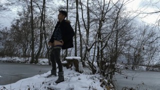 Romantic frozen lake jerking off