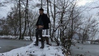 Romantic frozen lake jerking off