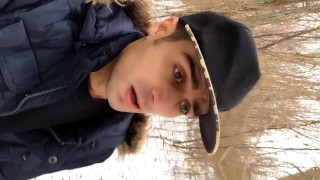 Cumming while walking in the frozen land