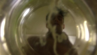 Twink cums into cup of water ( inside glass view ) FLOATING SPERM
