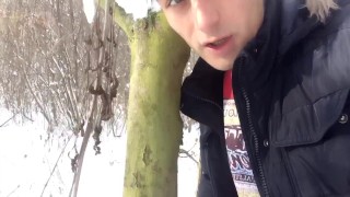 Funny fat cock intense jerking at frozen park