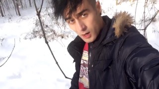 Funny fat cock intense jerking at frozen park