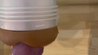 Penis COVERED in lube fucks fleshlight against the mirror