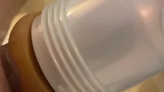Penis COVERED in lube fucks fleshlight against the mirror