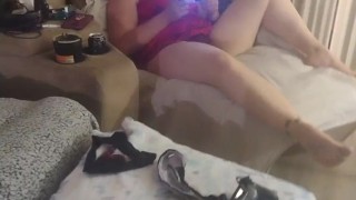 Pretty pulls her panties to the side and flashes her pussy at me so I pull cock out and jerk off