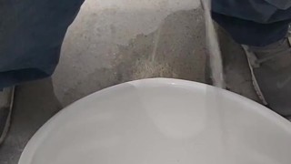 Almost CAUGHT! Public bathroom!! Chastity cage URIAL PEE!!! VERY RISKY!!!