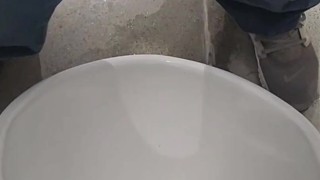 Almost CAUGHT! Public bathroom!! Chastity cage URIAL PEE!!! VERY RISKY!!!