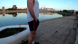 guy masturbates in the city in the morning while walking