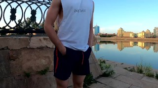 guy masturbates in the city in the morning while walking