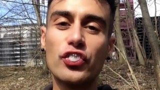 Chewing and swallowing own cum public