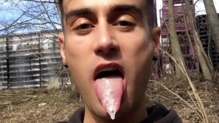 Chewing and swallowing own cum public