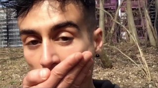 Chewing and swallowing own cum public
