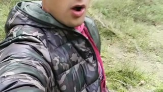 Intense quick jerk off outdoor while friends are inside house