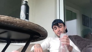 Dirty ripe college boy wanking dick on balcony