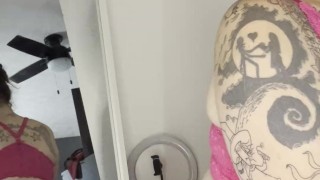 BBW stepmom Milf smoking joint and bake in bra and panties from behind POV