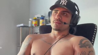 Uncut latino jerks his BIG dick while gaming