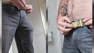 Dual view pissing in the toilet