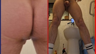 Dual view pissing naked in white socks