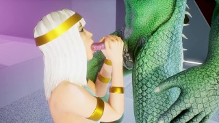 Tatyana visiting green furry dragon with a double thin dick gets a big creampie all over her body