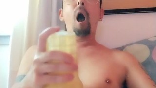 Hot Guy Wearing Glasses Enjoying Two Fleshlights