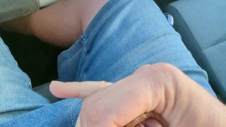 Hung bear jerks off in car driving down the freeway. Massive cumshot