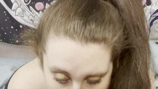 Showing daddy my pretty feet while deepthroating his cock, he fills my throat up with sticky hot cum