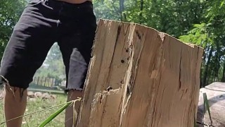 Shirtless Chubby Daddy Chops Wood For Your Fire