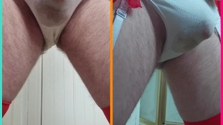 Dual view pissing in white cotton panties dressed in lingerie
