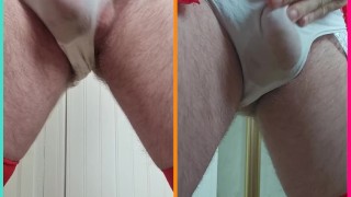 Dual view pissing in white cotton panties dressed in lingerie