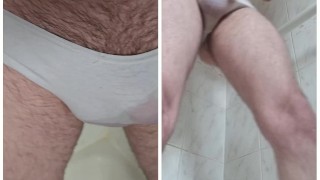 Dual view Pissing in panties and on to dirty white socks