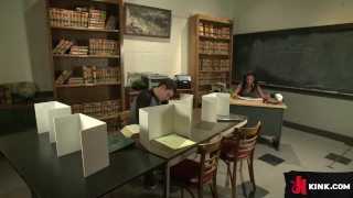 Jaquelin Braxton seduces her student and she fills his mouth with her hard cock. Her little student