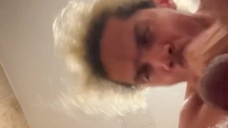 Deep throating my cock with my wife watching me