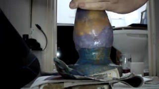 Homemade anal dildo toy, fluid explosion at end