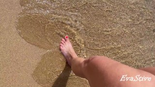 My feet and masturbation with orgasm and wet pussy close up on the beach