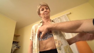 MATURE4K. Woman in underwear and stockings takes hard pistol in her pussy