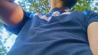 Big uncut cock latino jerking outdoors in the woods and eating his own cum careful not to get caught