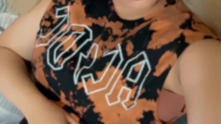 Cute Blonde anime girl plays with her big boobs