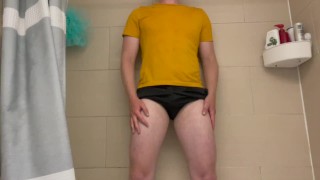Self piss in sports shorts and then jerk off while sniffing them (no cum)