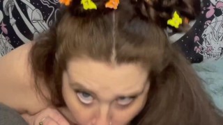 Hot brunette with space buns deepthroats cock filling my throat full of cock and cum