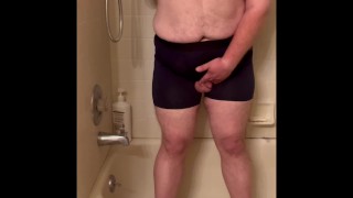 Chubby gay with tiny dick wets his underwear then cums with massage gun