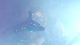 hot and shiny - wearing PVC and Latex - fashion shoot backstage  mask corset smoke