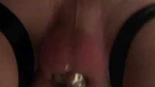 12inch BBC Dildo balls deep in whiteboi in chastity
