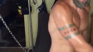 Bearded jock strokes his dick