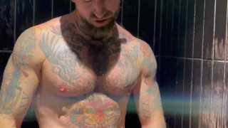 tatted muscle man Troy Daniels jacking off in the shower