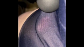 Chubby guy with tiny cock pissing in underwear outside then cumming with massage gun
