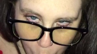 BBW with glasses deepthroats, sucks and swallows daddy’s cumload