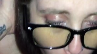 BBW with glasses deepthroats, sucks and swallows daddy’s cumload