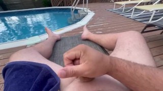 Public pool side Stroke fat cock orgasm