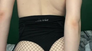 Alt Tgirl Strips, Stretches Virgin Hole, Rips Fishnets, Rides Dildo, Strokes Slow and Cums